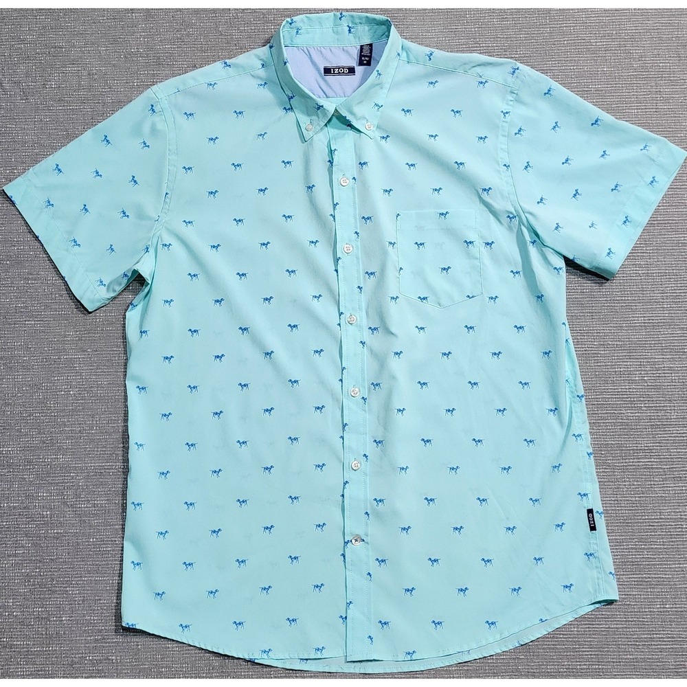 IZOD Mens XL Short Sleeve Button Down Shirt Mint Green‎ Blue Dog Print Stretch